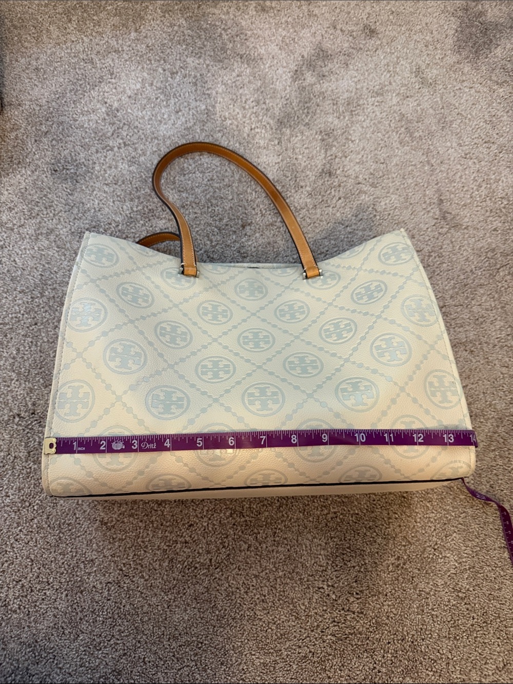 Tory Burch Light cream Logo-Print Tote with Tan Handles - Picture 12 of 14
